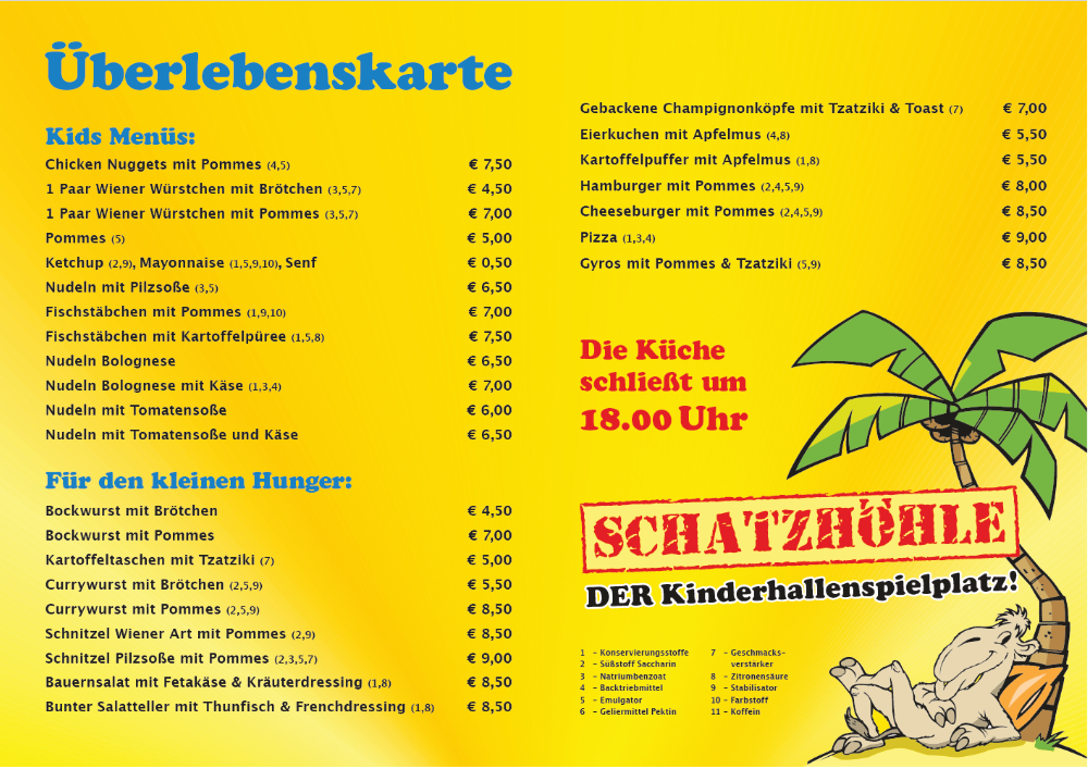 Die Überlebenskarte (Speisen) für die Schatzhöhle Meerane (Stand 01/2025)